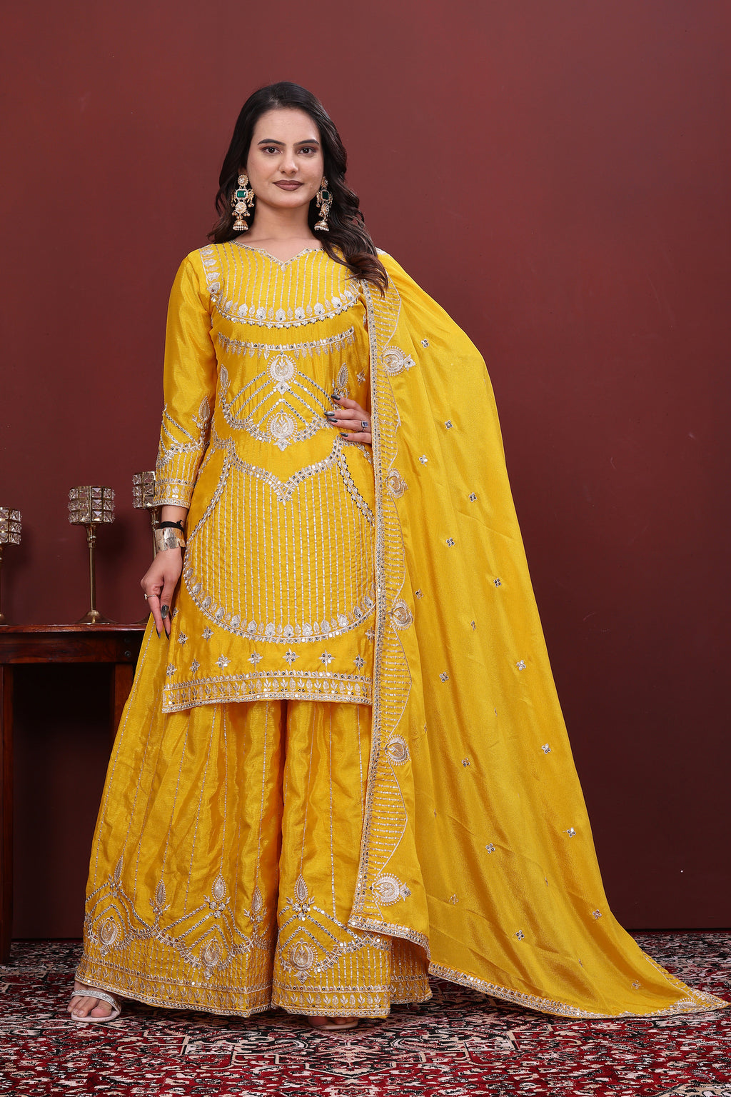 Women's Yellow Embroidered Sharara Suit Set with Dupatta