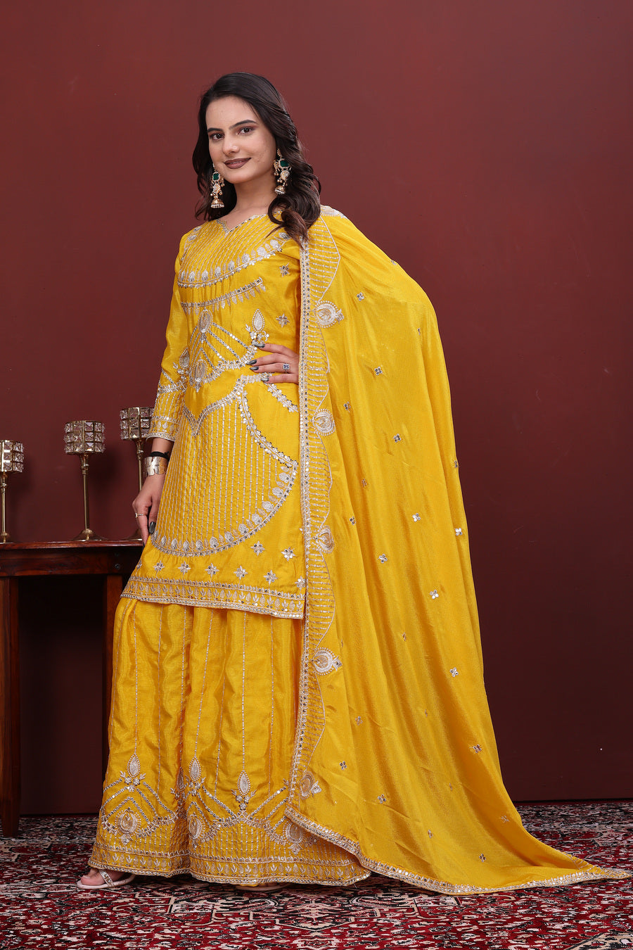 Women's Yellow Embroidered Sharara Suit Set with Dupatta