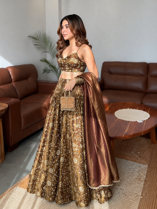 Women's Brown Floral Embroidered Lehenga Choli Set with Dupatta