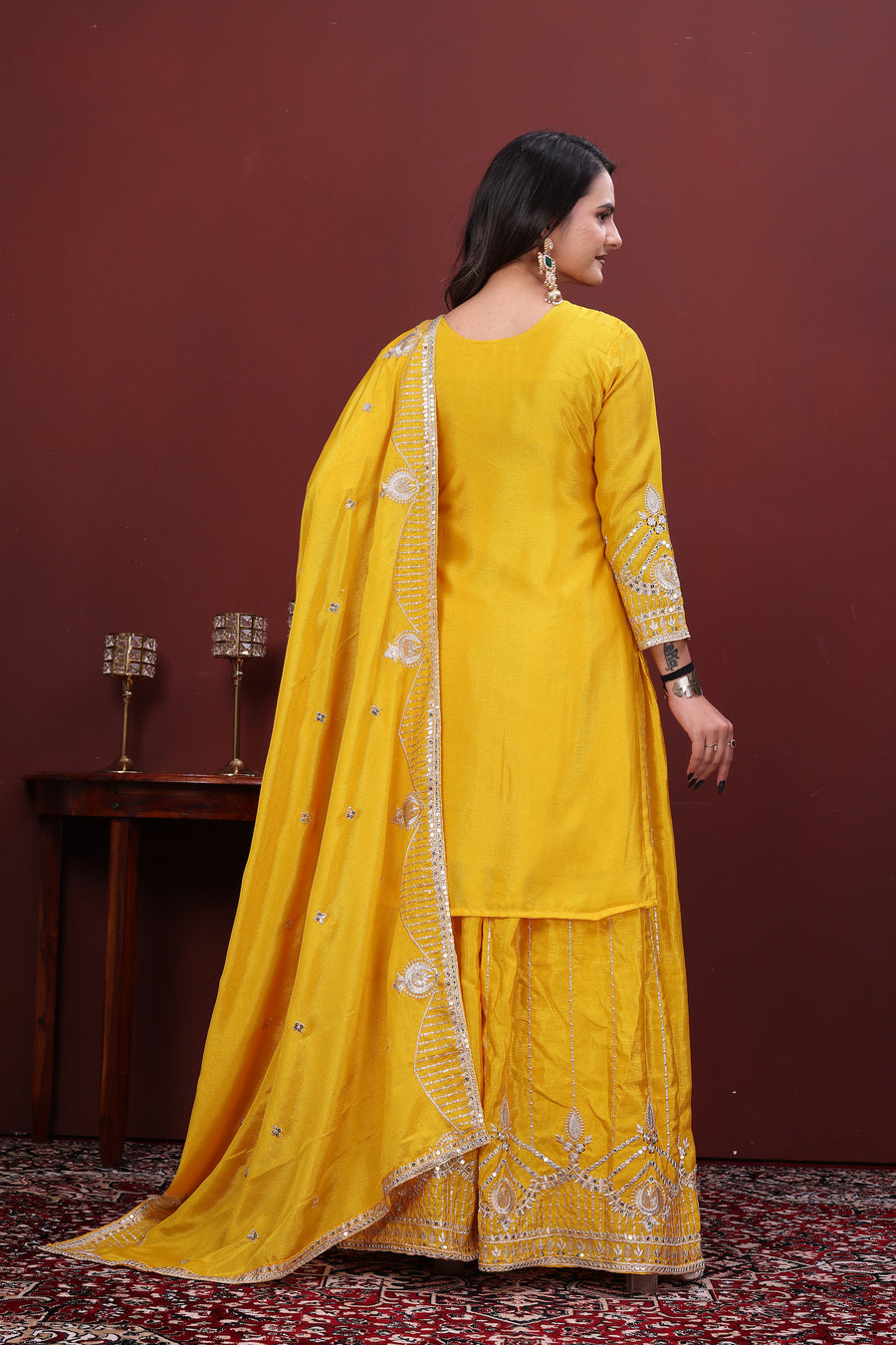 Women's Yellow Embroidered Sharara Suit Set with Dupatta