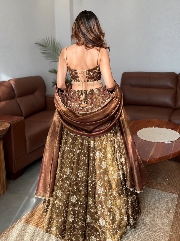 Women's Brown Floral Embroidered Lehenga Choli Set with Dupatta