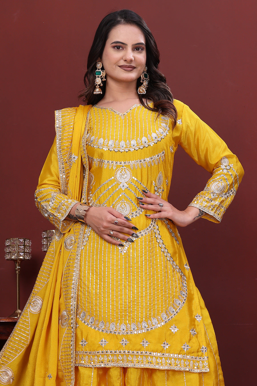 Women's Yellow Embroidered Sharara Suit Set with Dupatta