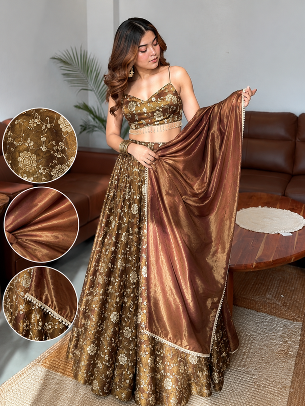 Women's Brown Floral Embroidered Lehenga Choli Set with Dupatta