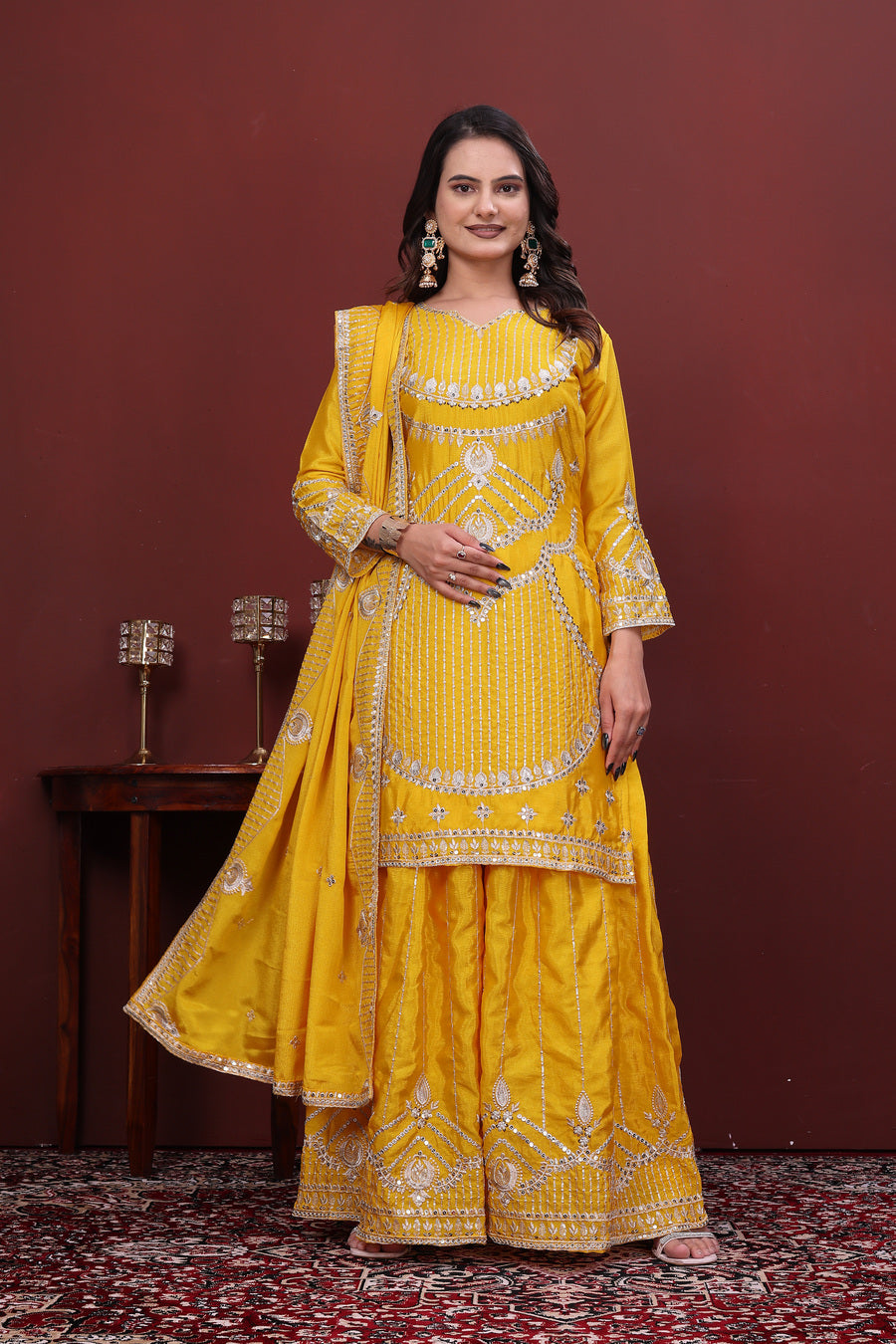Women's Yellow Embroidered Sharara Suit Set with Dupatta