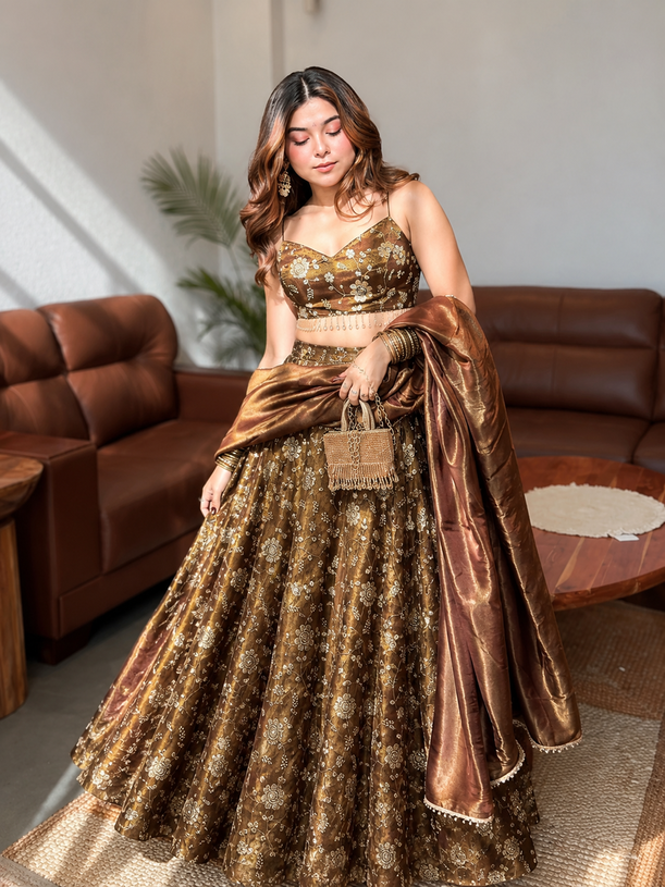Women's Brown Floral Embroidered Lehenga Choli Set with Dupatta