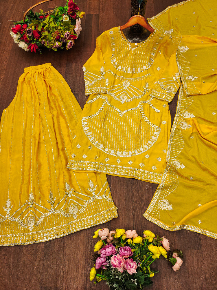 Women's Yellow Embroidered Sharara Suit Set with Dupatta