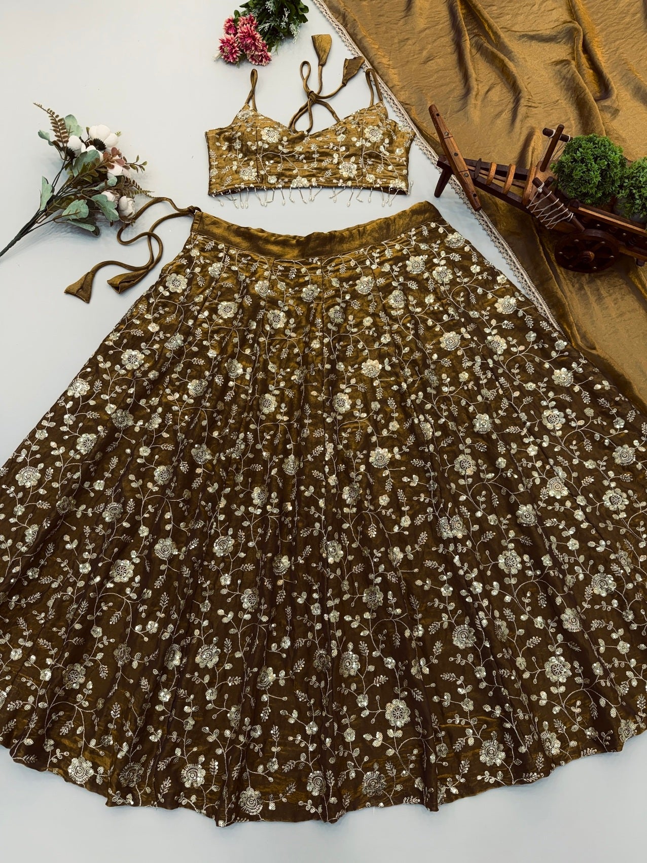 Women's Brown Floral Embroidered Lehenga Choli Set with Dupatta