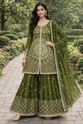 Women's Olive Green Embroidered Sharara Suit Set with Dupatta
