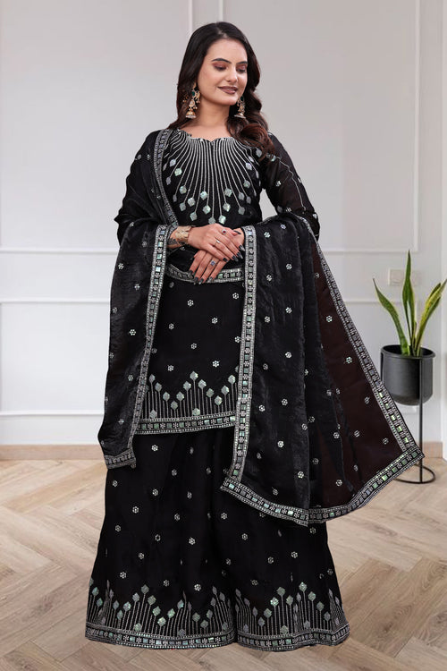 Women's Black Embroidered Sharara Suit Set with Dupatta