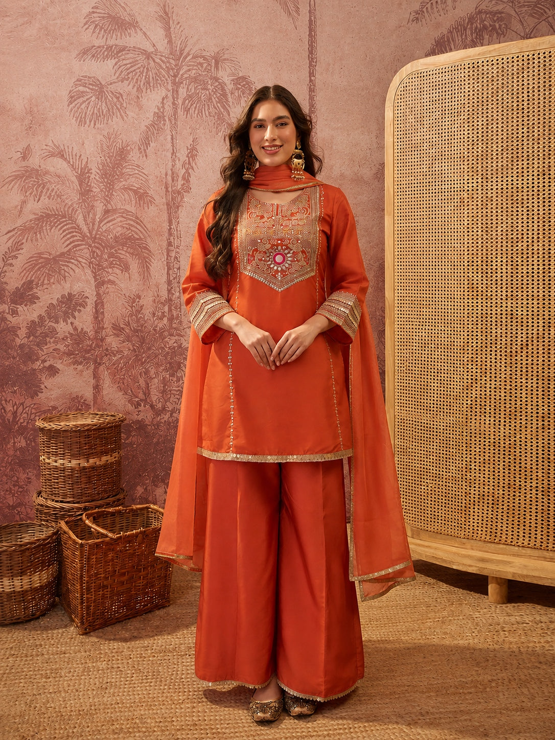 Harmi Embroidered Kurti Palazzo Set with Dupatta