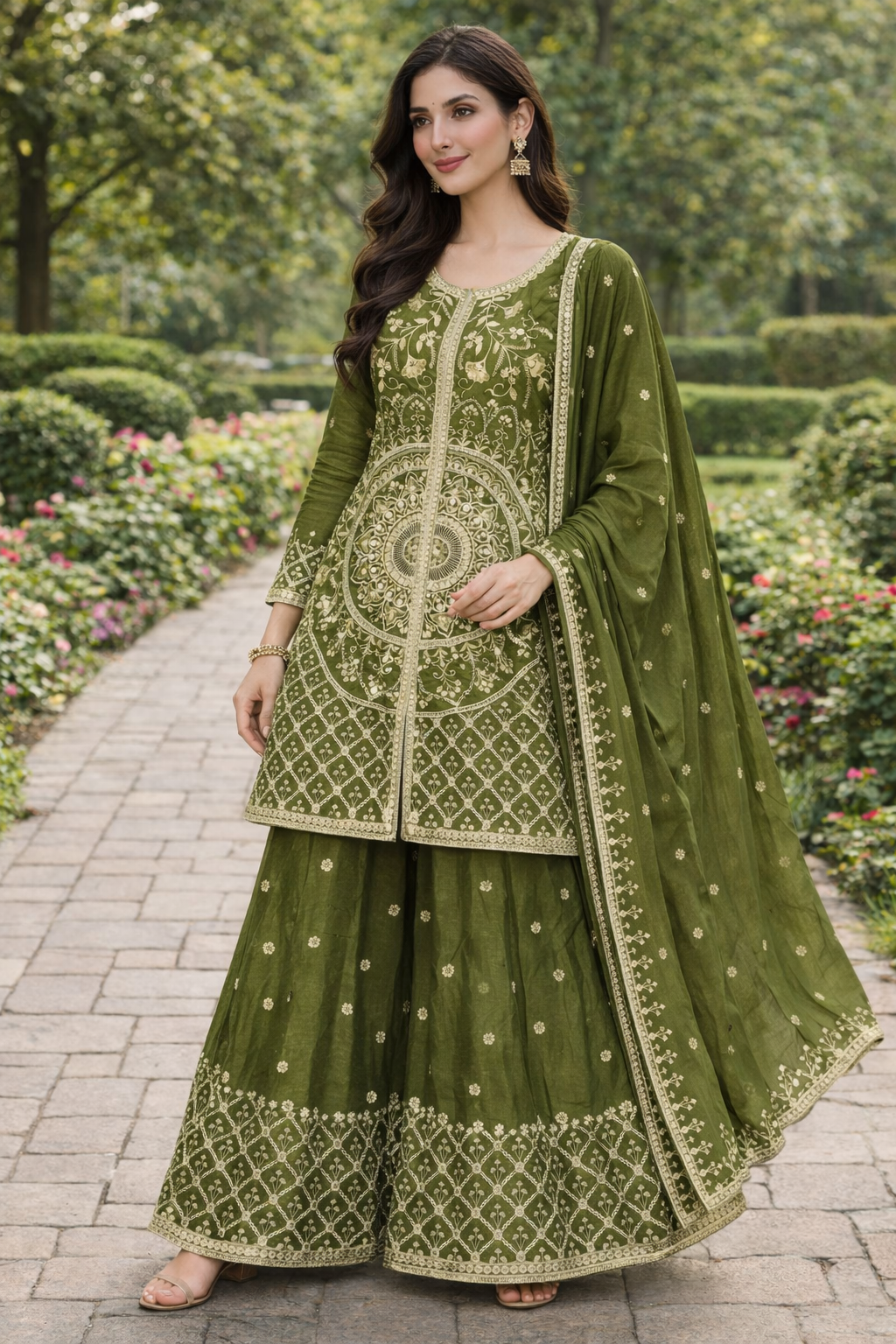 Women's Olive Green Embroidered Sharara Suit Set with Dupatta