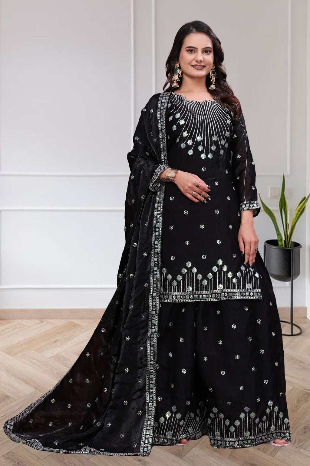 Women's Black Embroidered Sharara Suit Set with Dupatta