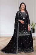 Women's Black Embroidered Sharara Suit Set with Dupatta