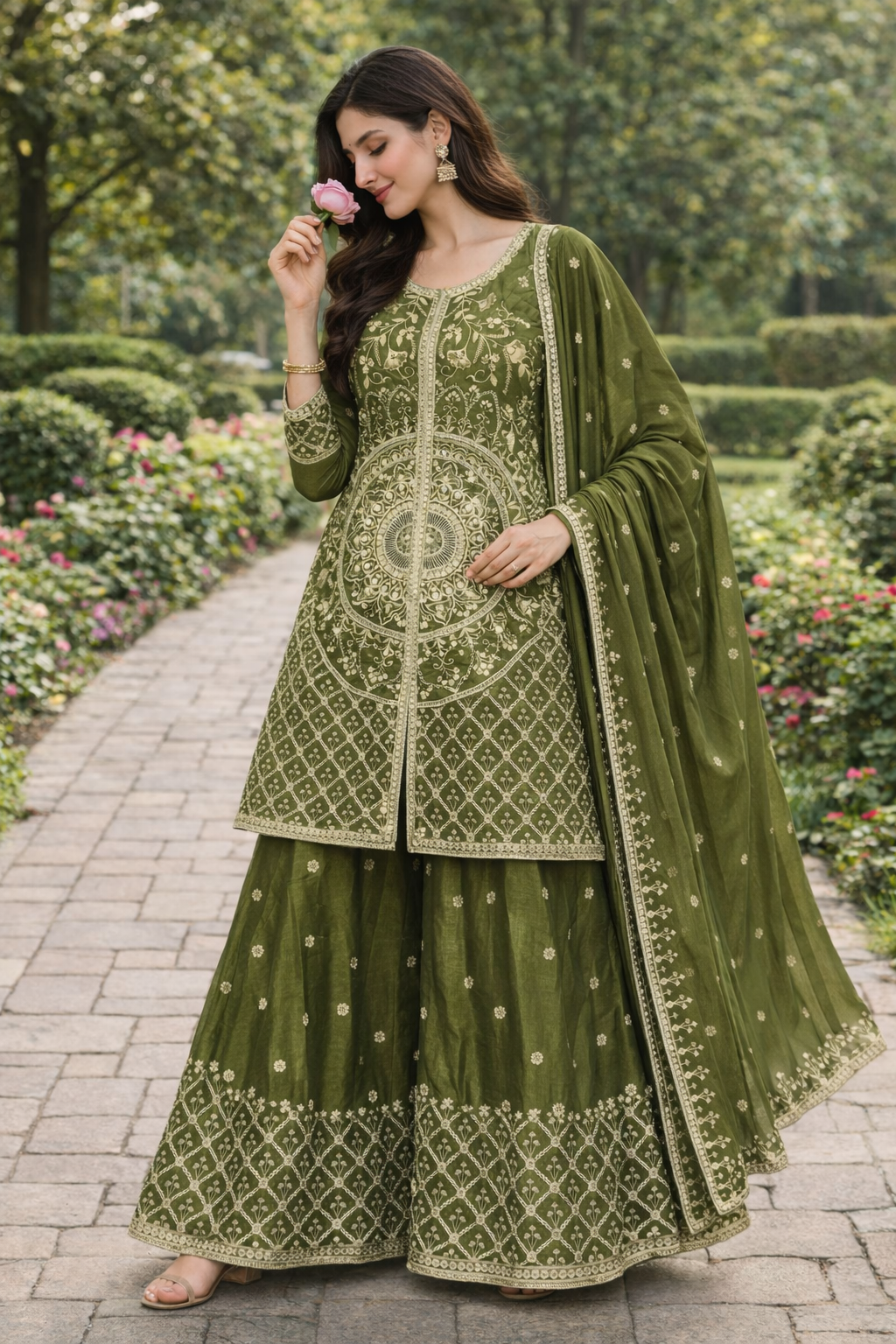 Women's Olive Green Embroidered Sharara Suit Set with Dupatta