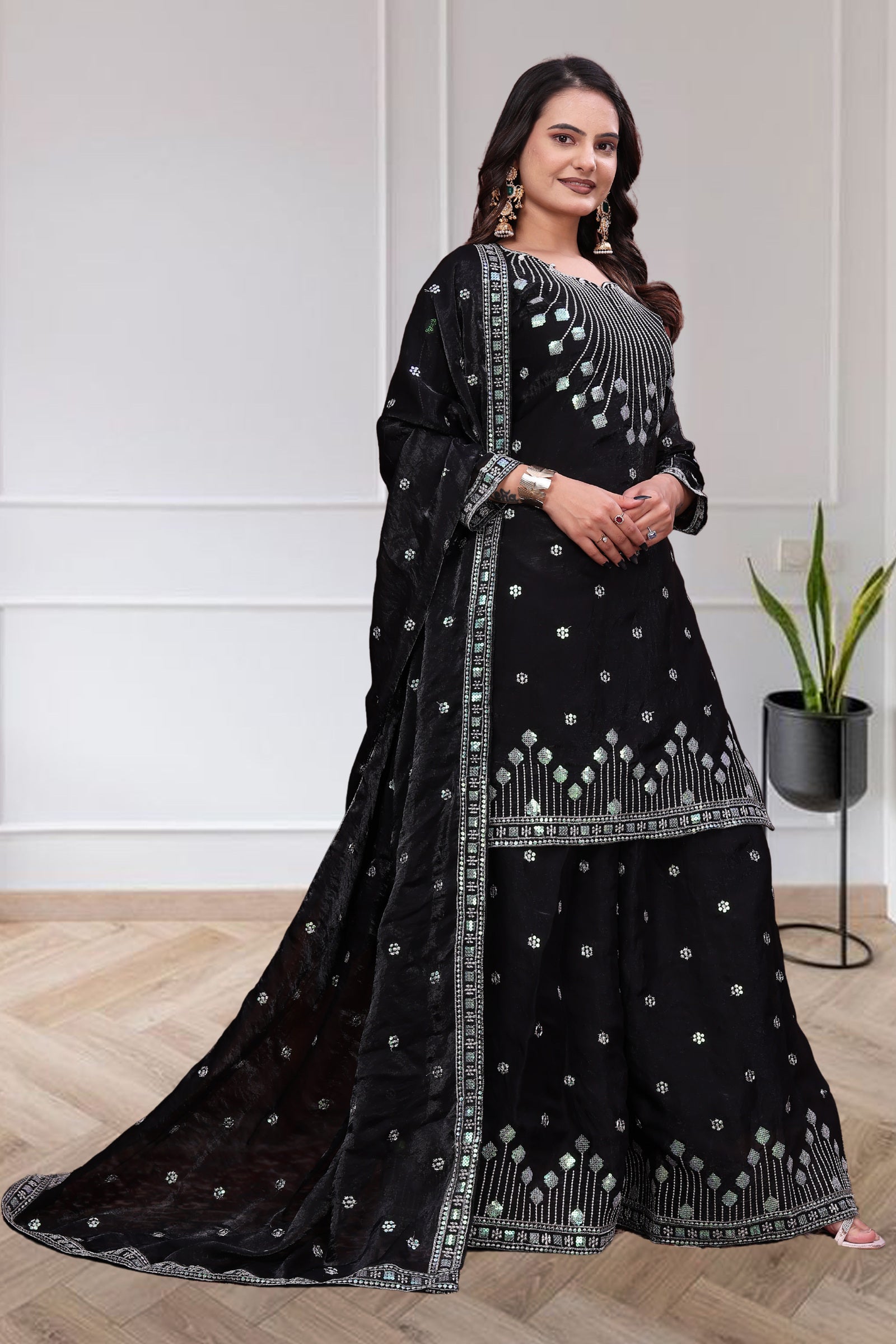 Women's Black Embroidered Sharara Suit Set with Dupatta