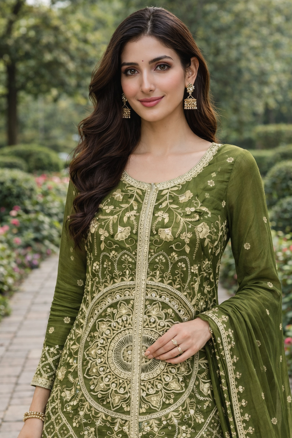 Women's Olive Green Embroidered Sharara Suit Set with Dupatta