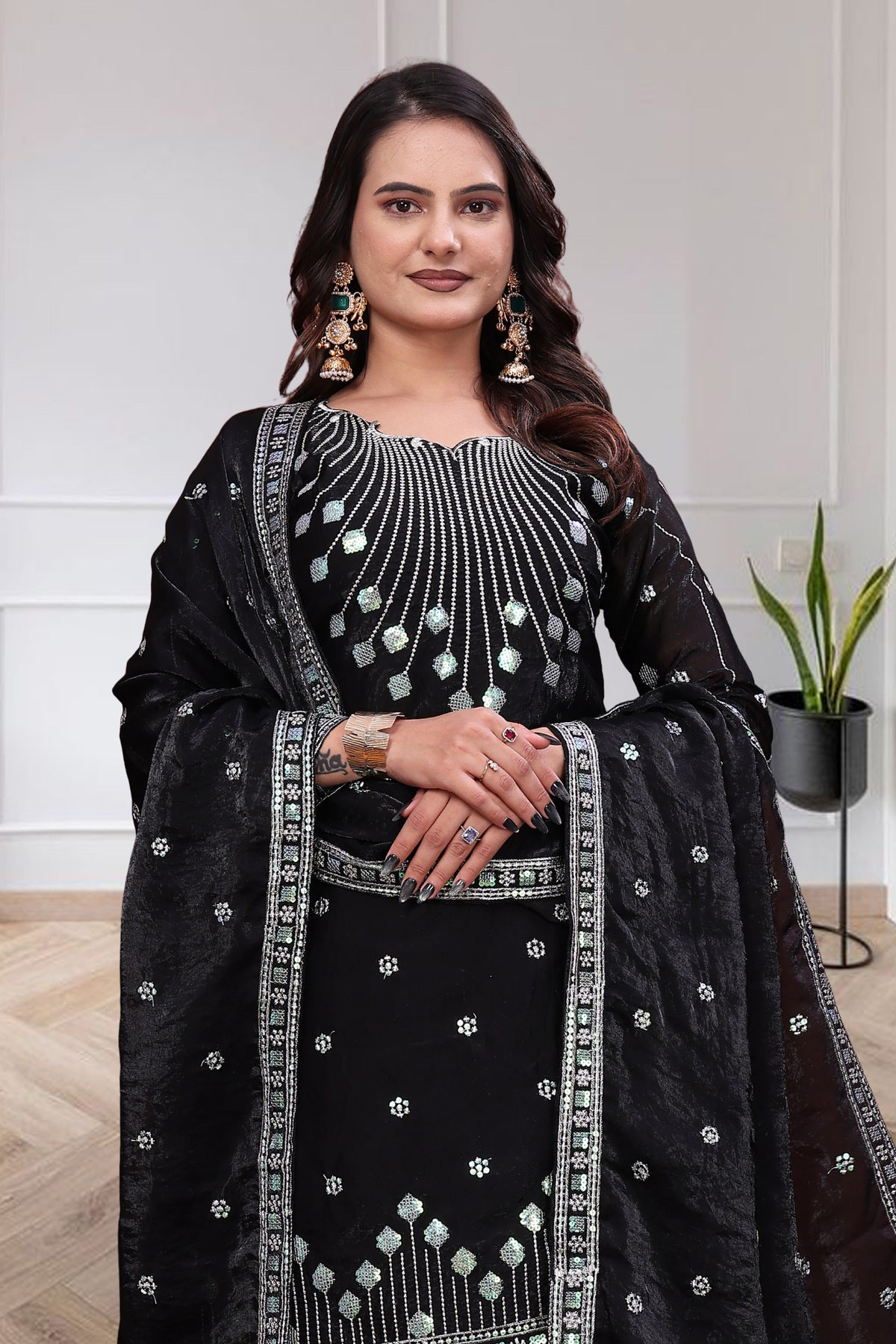 Women's Black Embroidered Sharara Suit Set with Dupatta