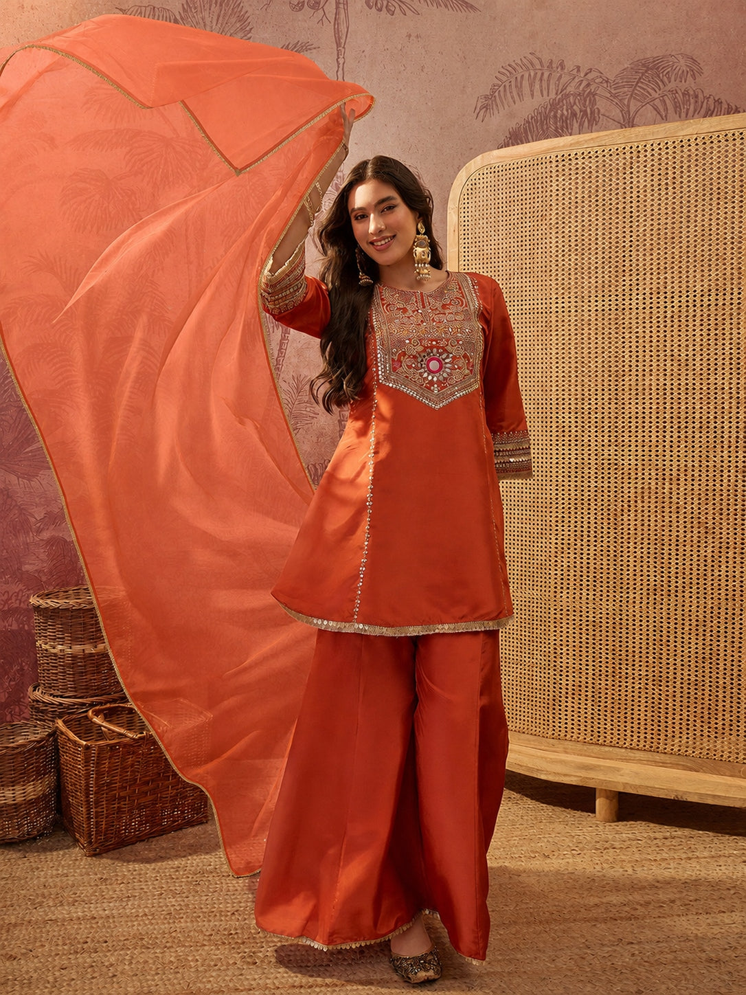 Harmi Embroidered Kurti Palazzo Set with Dupatta