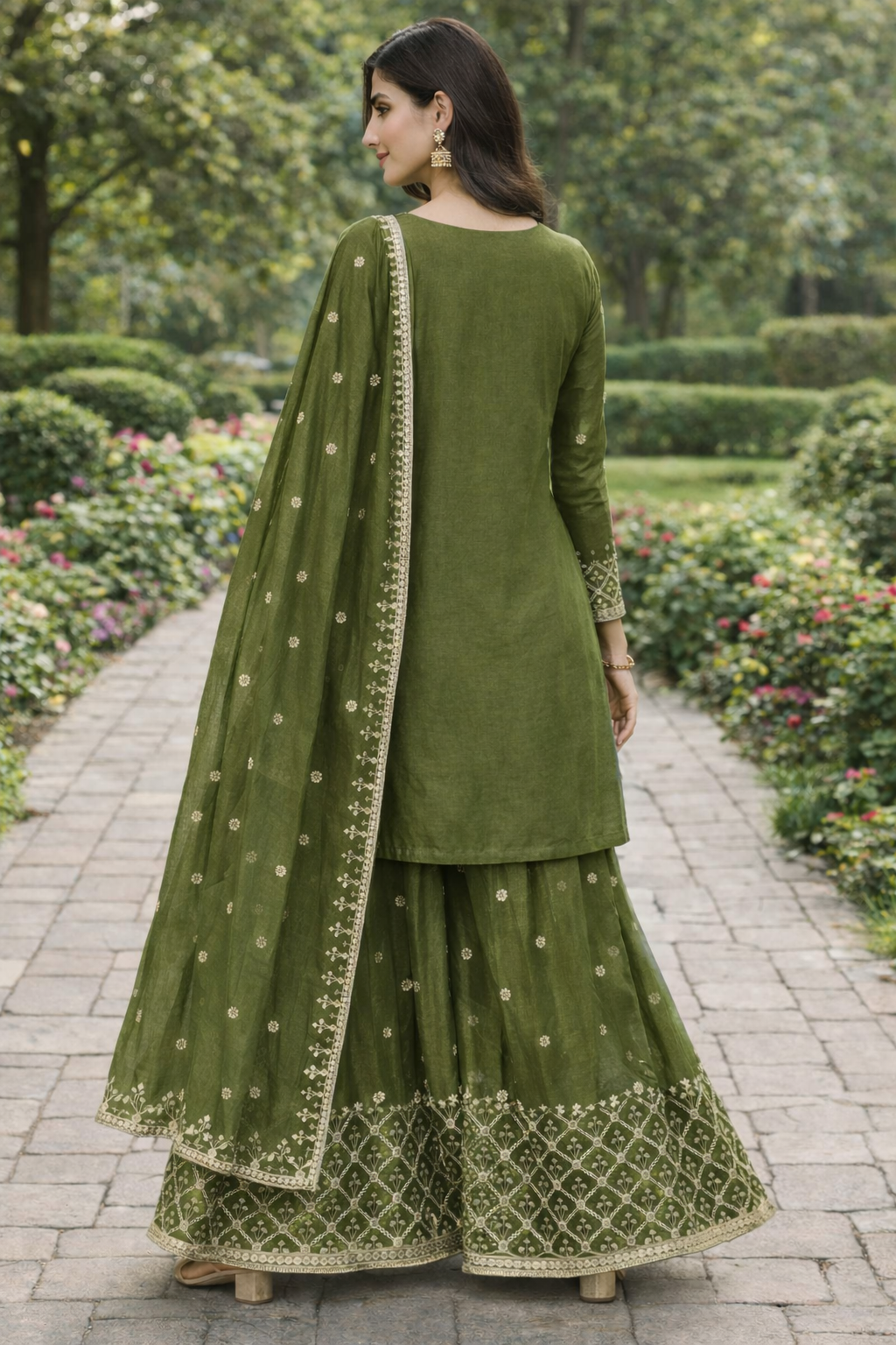 Women's Olive Green Embroidered Sharara Suit Set with Dupatta