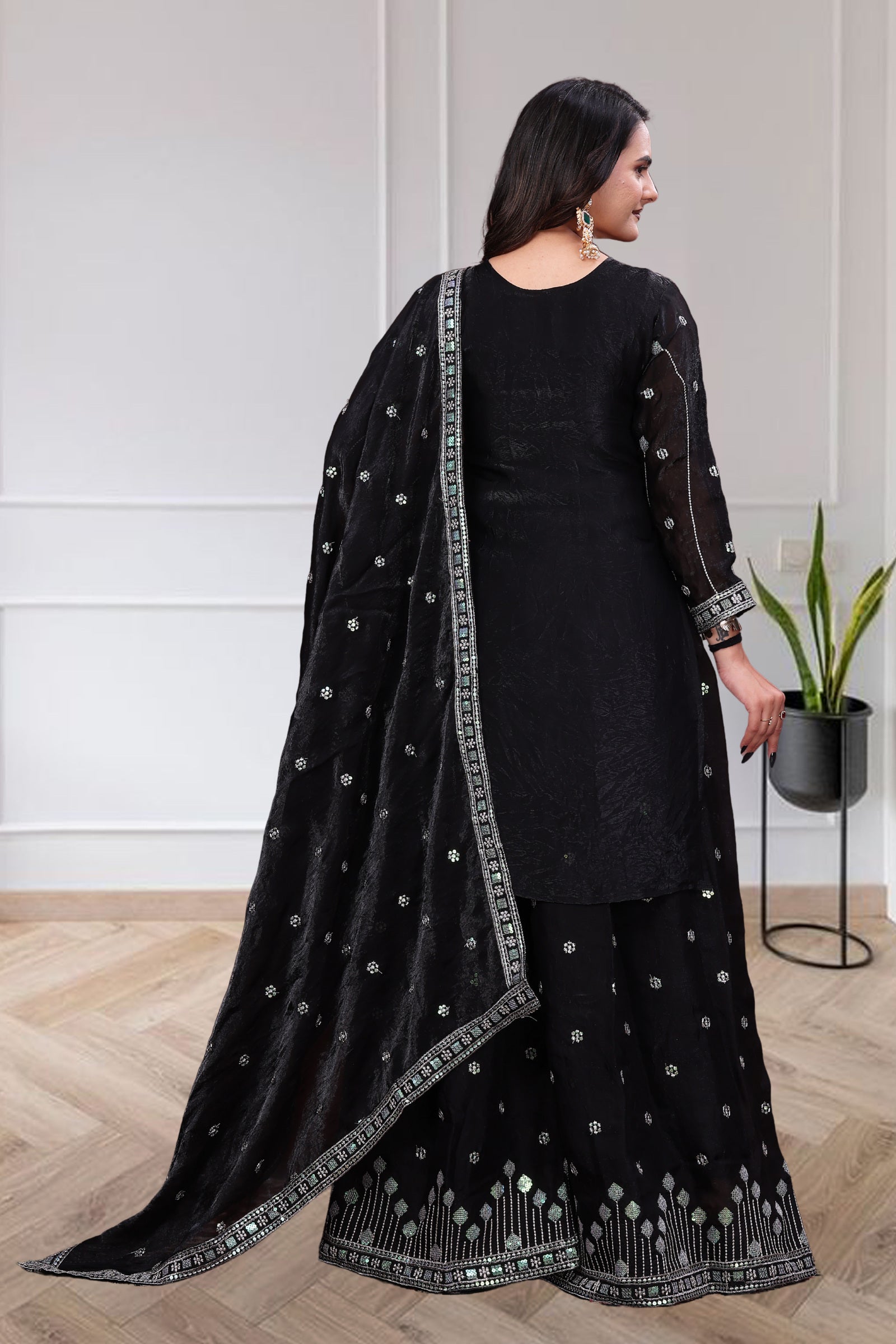 Women's Black Embroidered Sharara Suit Set with Dupatta