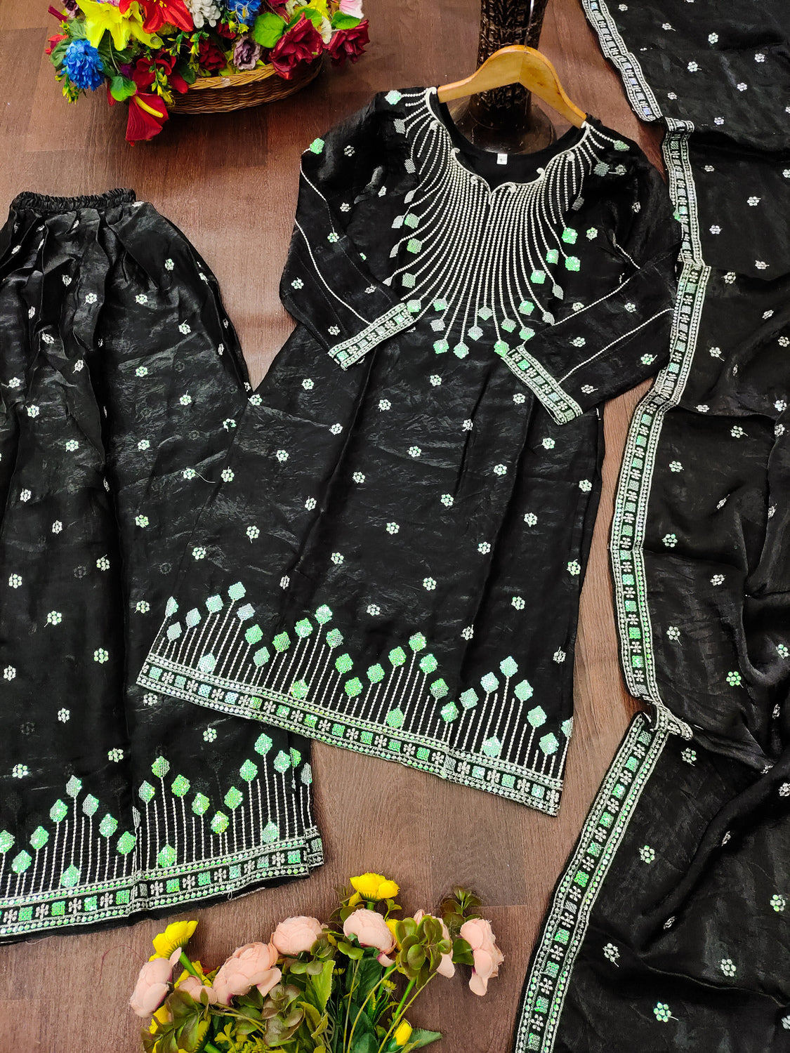 Women's Black Embroidered Sharara Suit Set with Dupatta