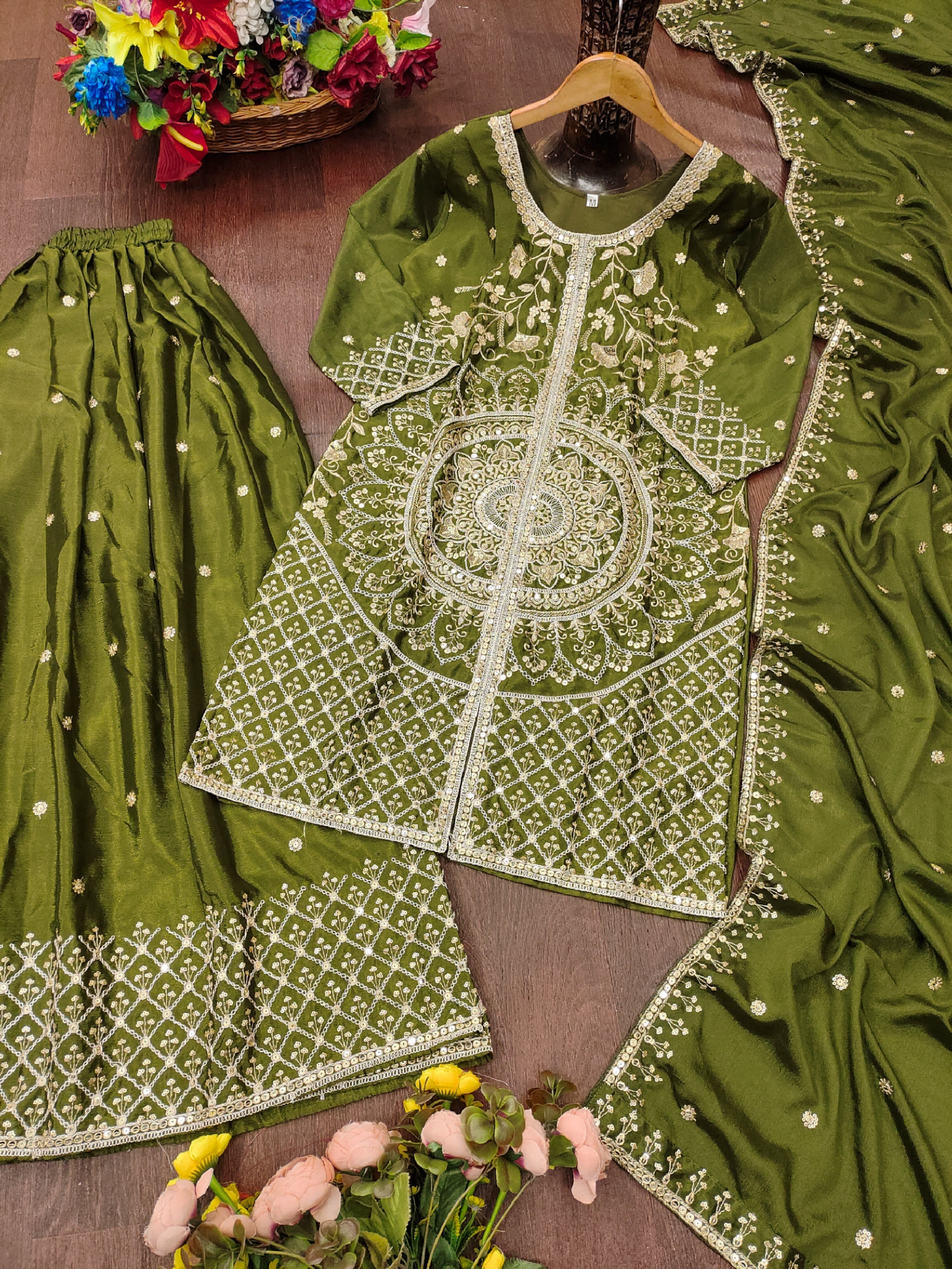 Women's Olive Green Embroidered Sharara Suit Set with Dupatta