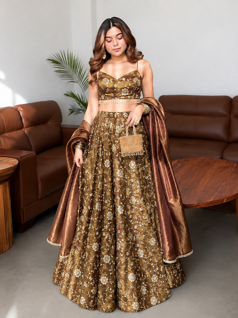 Women's Brown Floral Embroidered Lehenga Choli Set with Dupatta