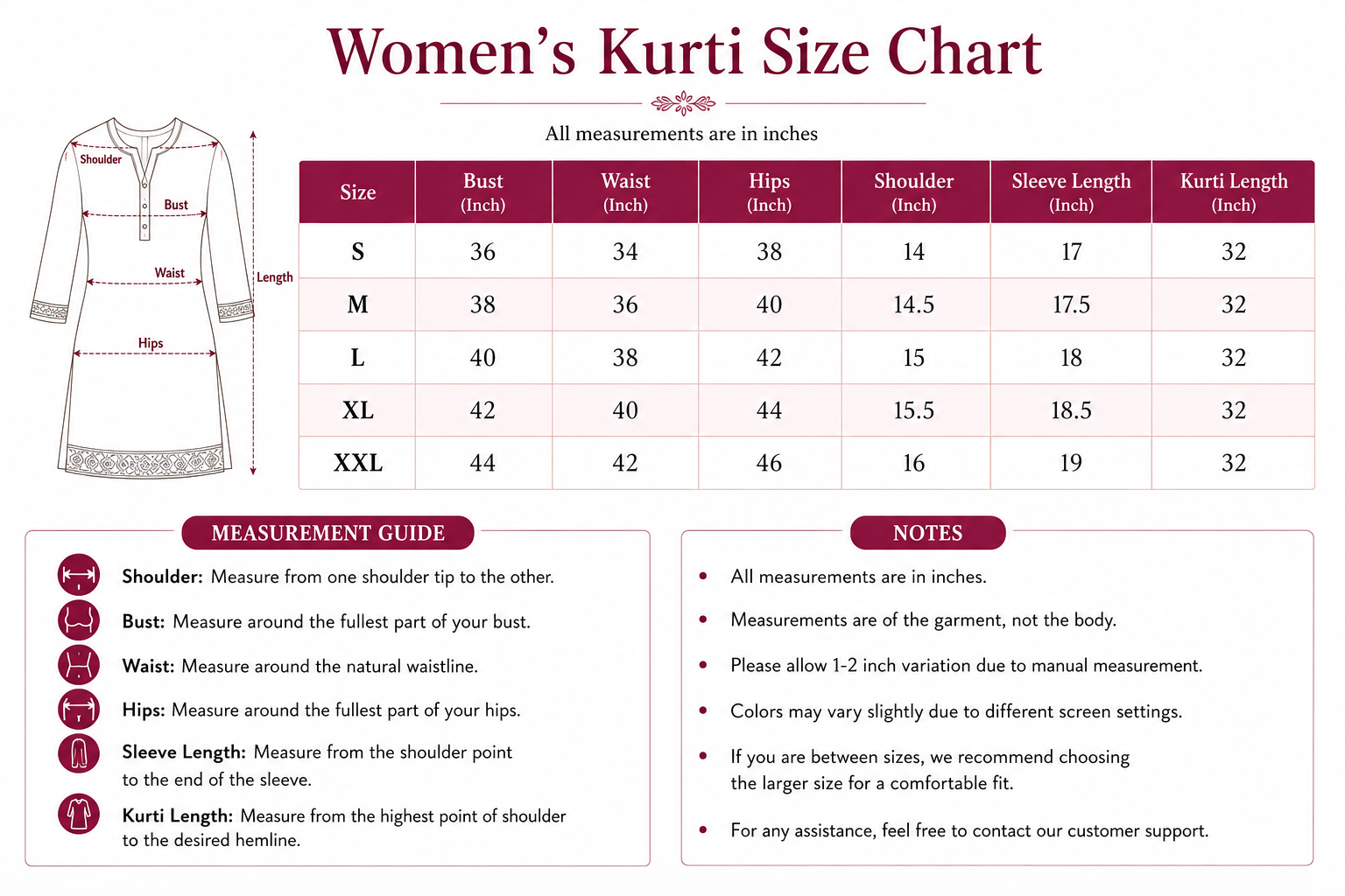 A women's kurti size chart and measurement guide graphic. It includes a line drawing of a tunic/kurti with labeled measurements, a size table from S to XXL with bust, waist, hip, sleeve length, and kurti length in inches, and a notes section with measurement instructions.