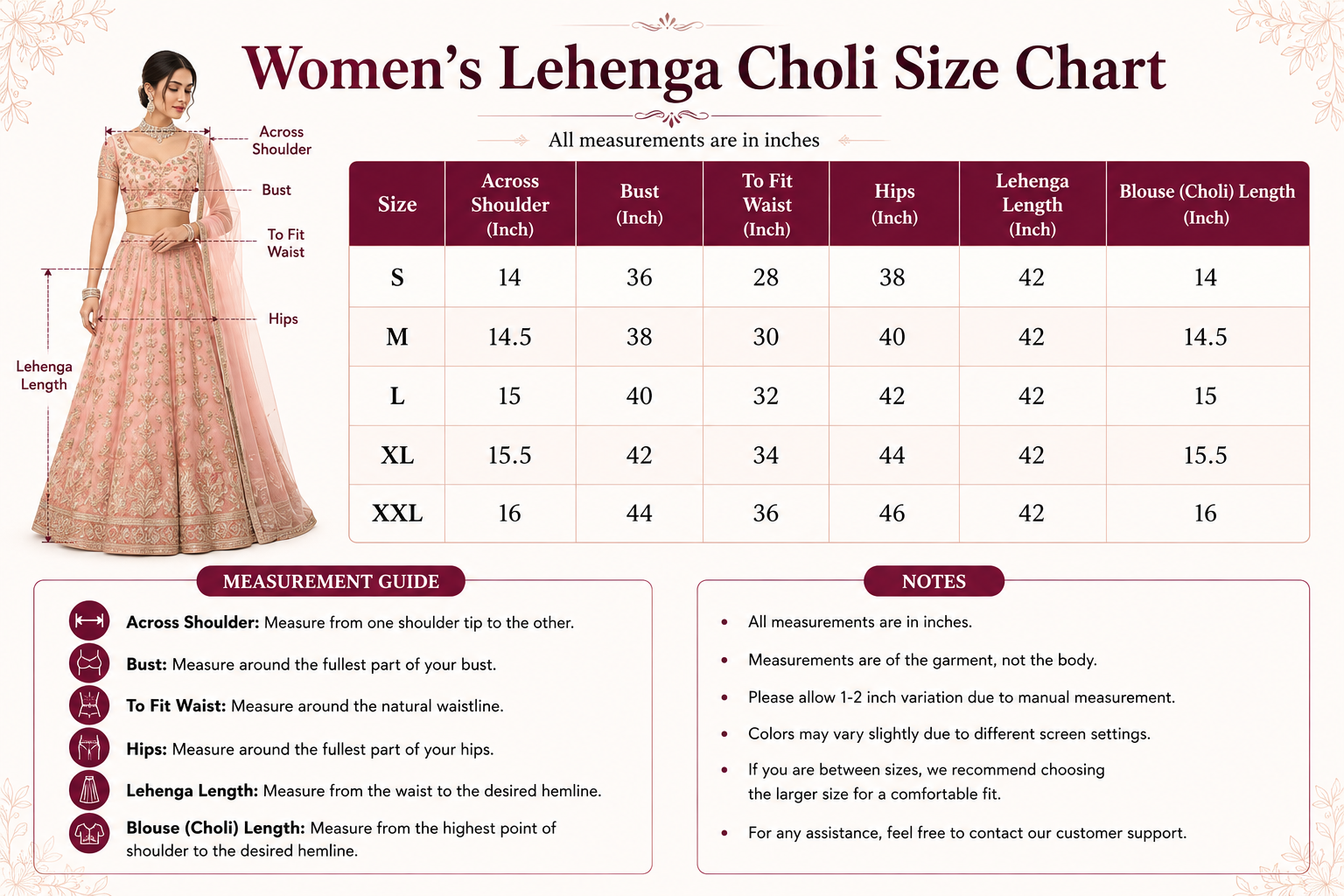 A women's Lehenga Choli size chart table with a small model illustration on the left, showing measurements in inches for sizes S through XXL. The chart includes columns for across shoulder, bust, fit to waist, hips, lehenga length, and blouse length, with measurement and notes sections below.