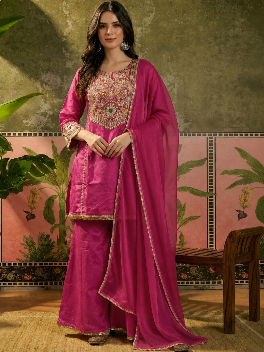 Harmi Embroidered Kurti Palazzo Set with Dupatta