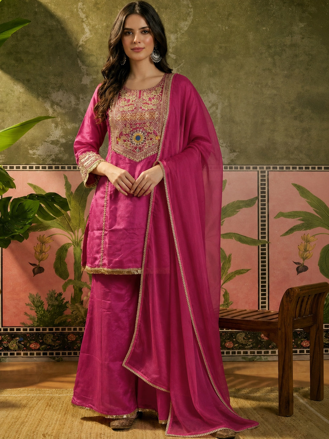 Harmi Embroidered Kurti Palazzo Set with Dupatta