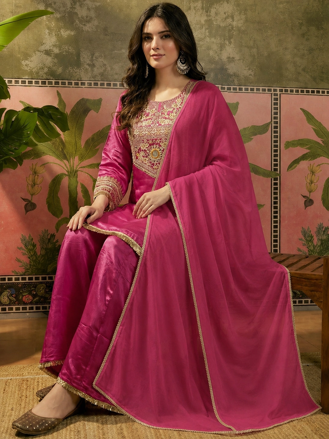 Harmi Embroidered Kurti Palazzo Set with Dupatta