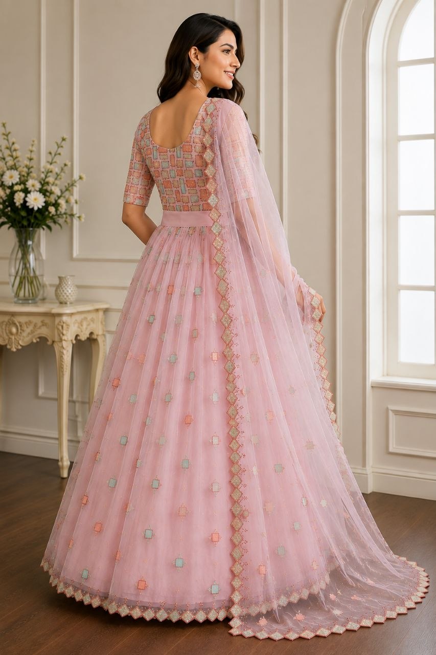 Baby Pink Designer Net Lehenga Choli with Unstitched Blouse for Party Wear
