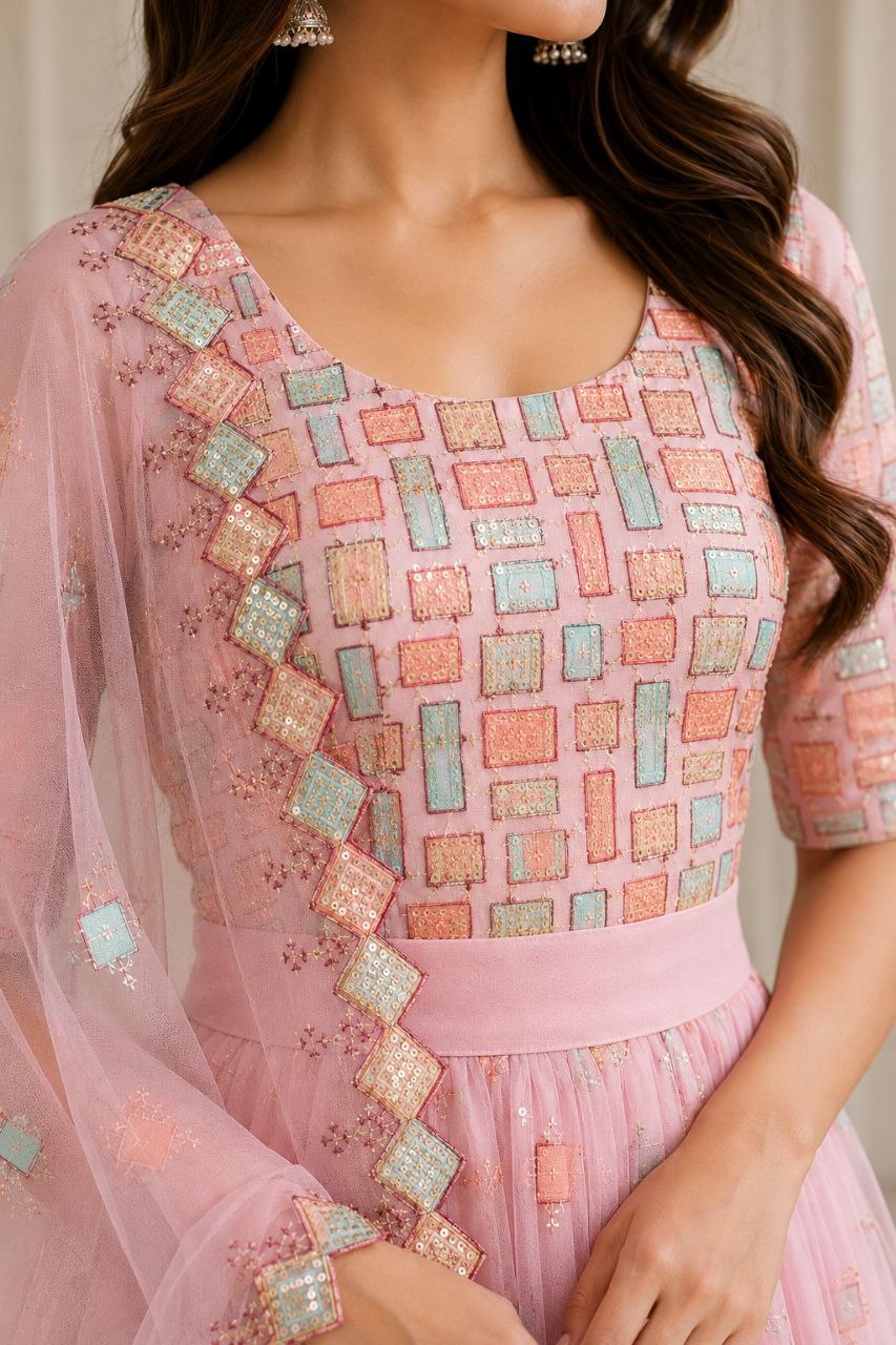 Baby Pink Designer Net Lehenga Choli with Unstitched Blouse for Party Wear