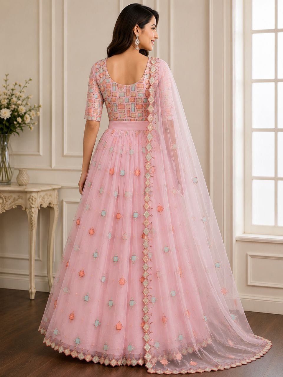 Baby Pink Designer Net Lehenga Choli with Unstitched Blouse for Party Wear