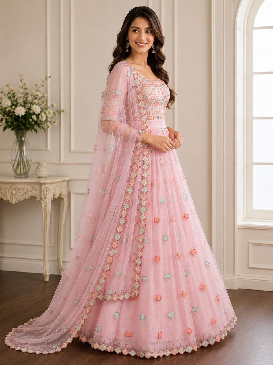 Baby Pink Designer Net Lehenga Choli with Unstitched Blouse for Party Wear