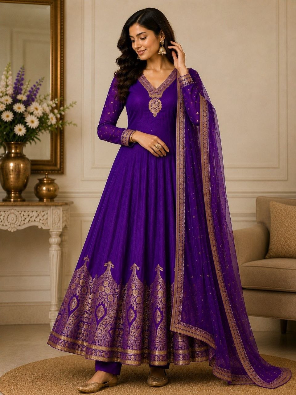Women's Purple Embroidered Anarkali Suit Set with Dupatta