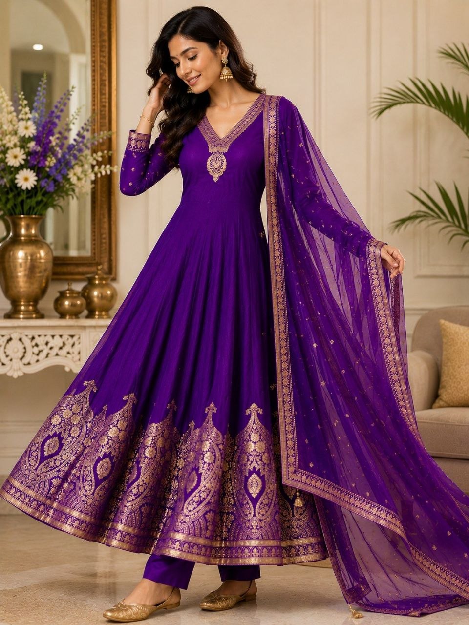 Women's Purple Embroidered Anarkali Suit Set with Dupatta