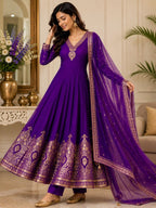 Women's Purple Embroidered Anarkali Suit Set with Dupatta