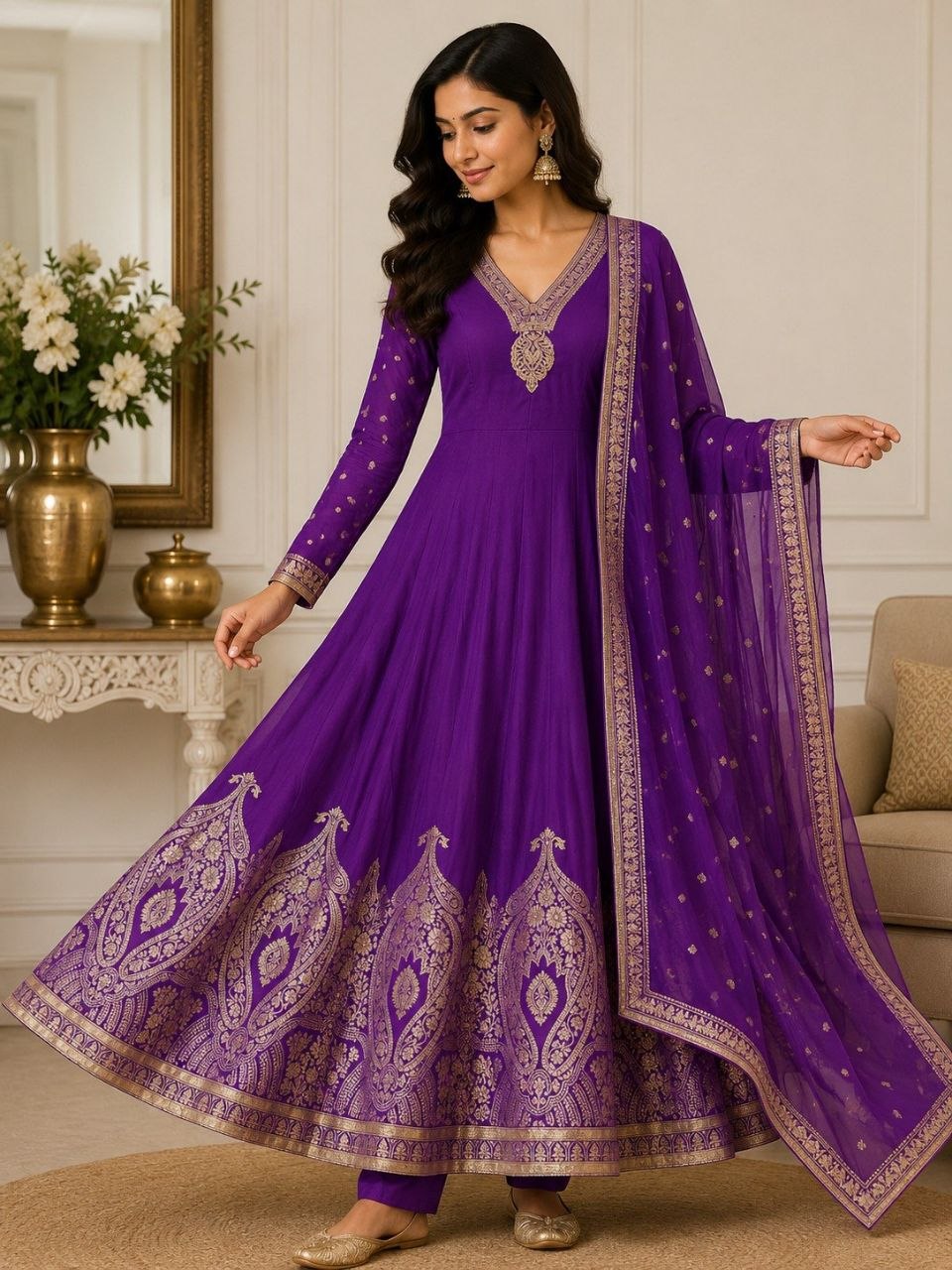 Women's Purple Embroidered Anarkali Suit Set with Dupatta