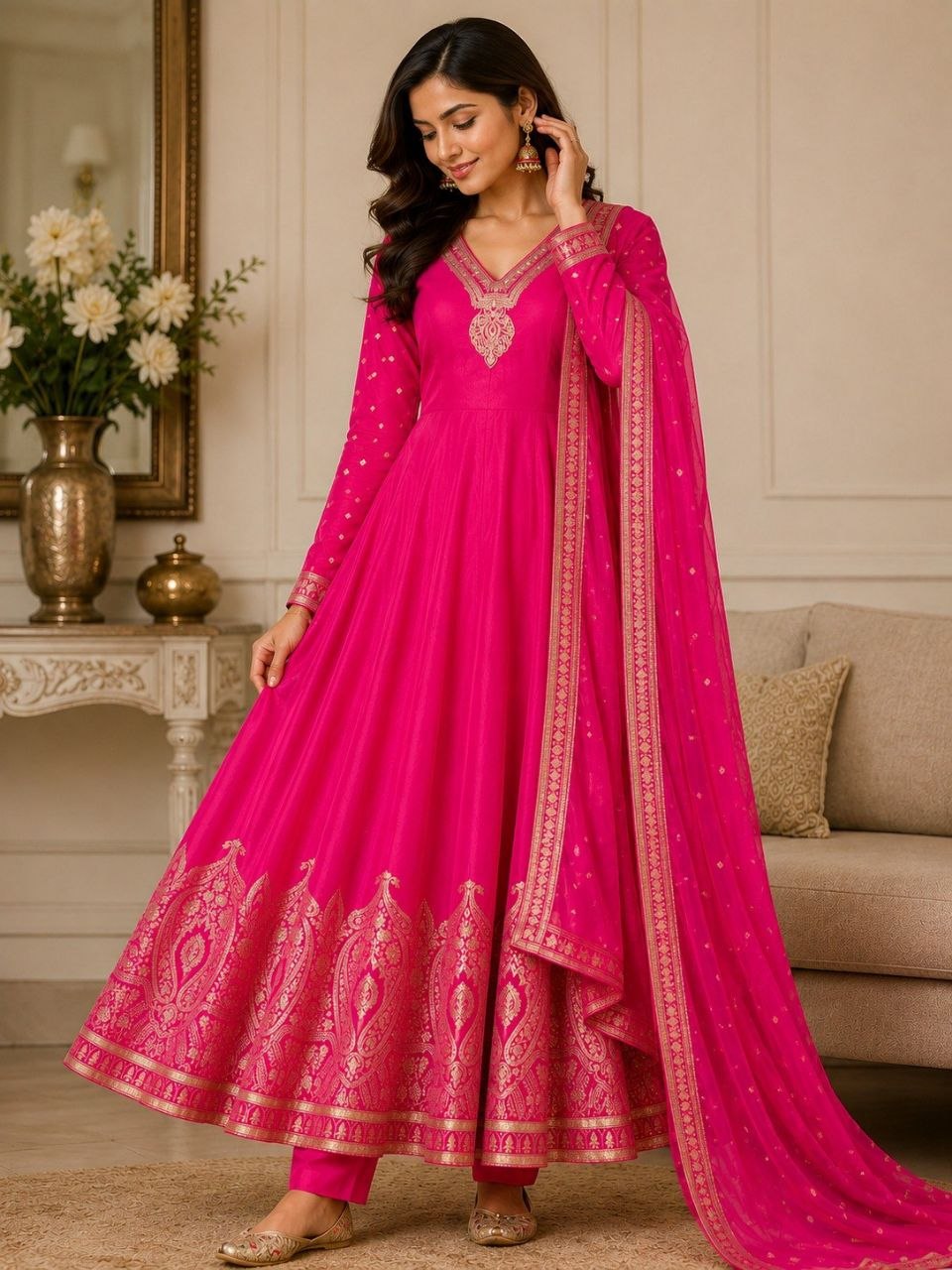 Women's Purple Embroidered Anarkali Suit Set with Dupatta
