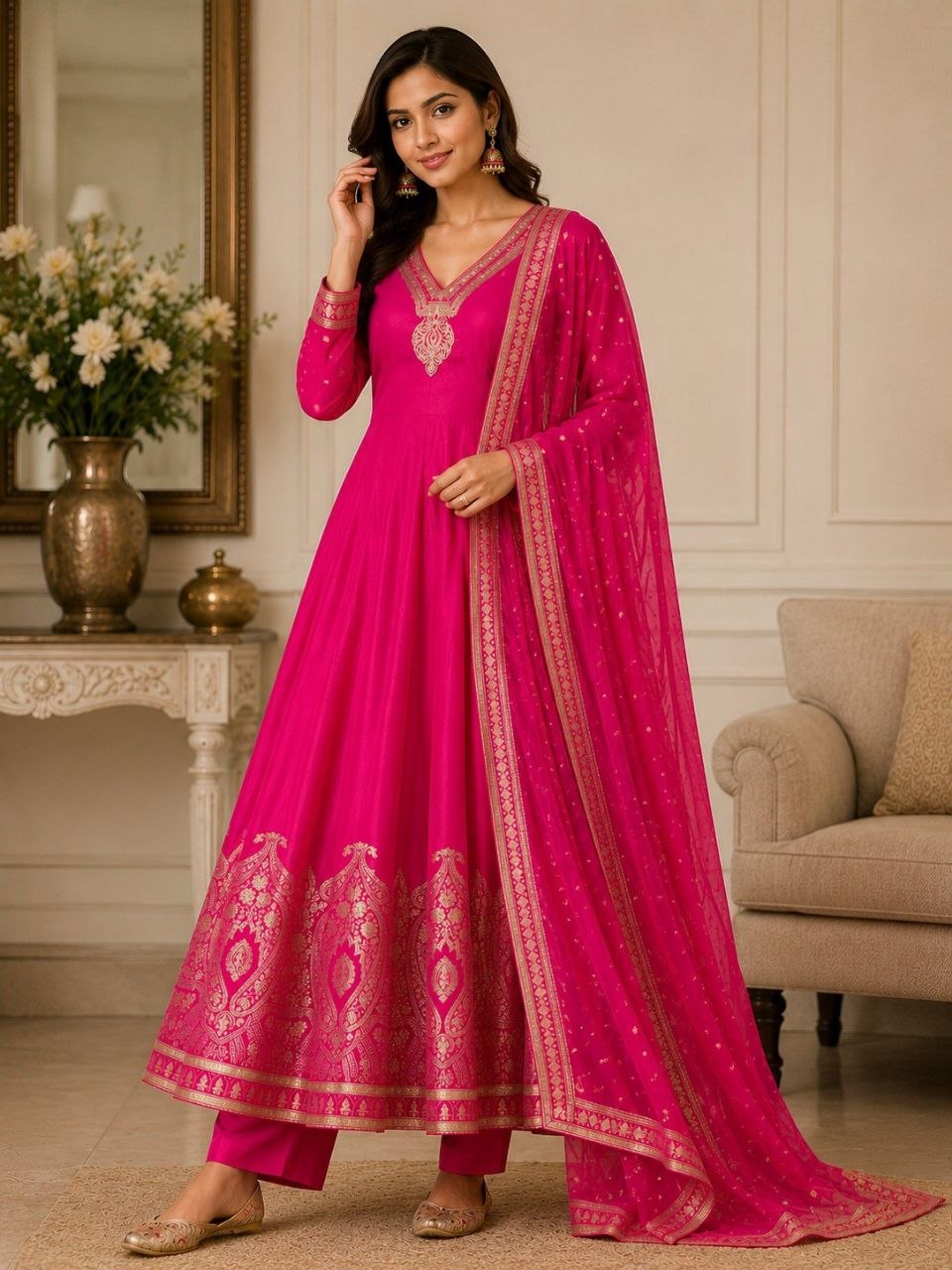 Women's Purple Embroidered Anarkali Suit Set with Dupatta