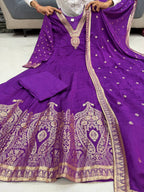 Women's Purple Embroidered Anarkali Suit Set with Dupatta