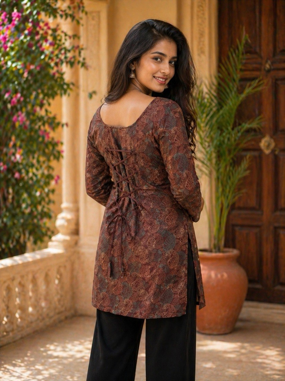 Women's Brown Floral Printed Rayon Top