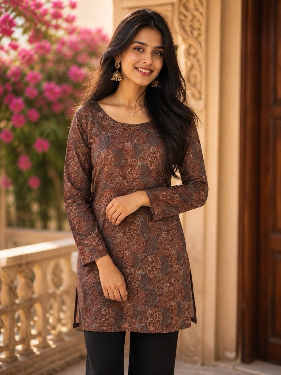 Women's Brown Floral Printed Rayon Top