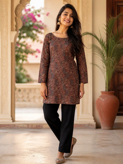 Women's Brown Floral Printed Rayon Top