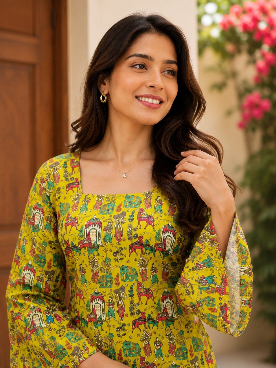 Women's Yellow Printed Square Neck Bell Sleeve Top