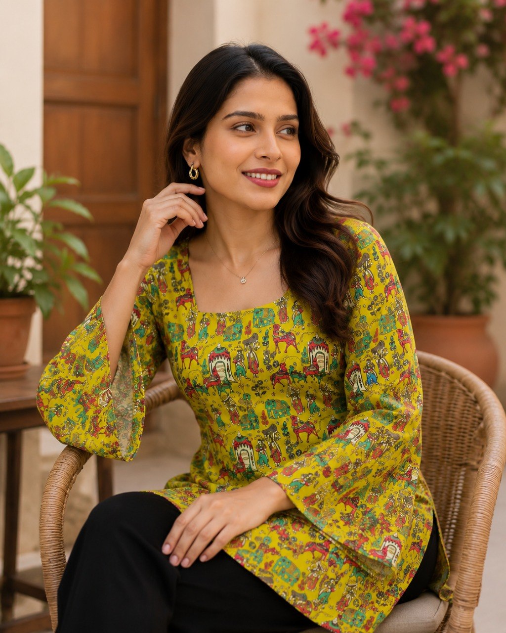 Women's Yellow Printed Square Neck Bell Sleeve Top
