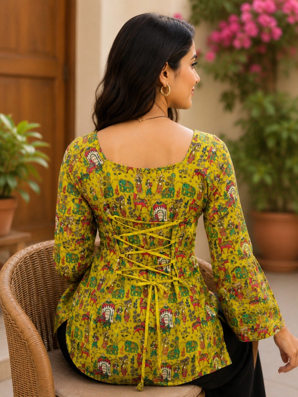 Women's Yellow Printed Square Neck Bell Sleeve Top