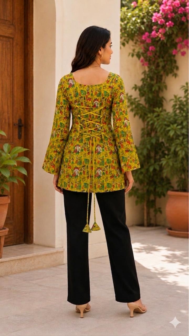 Women's Yellow Printed Square Neck Bell Sleeve Top